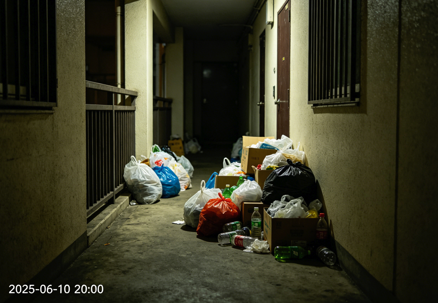 照片01：整改前，走廊堆满垃圾袋、纸箱和瓶子