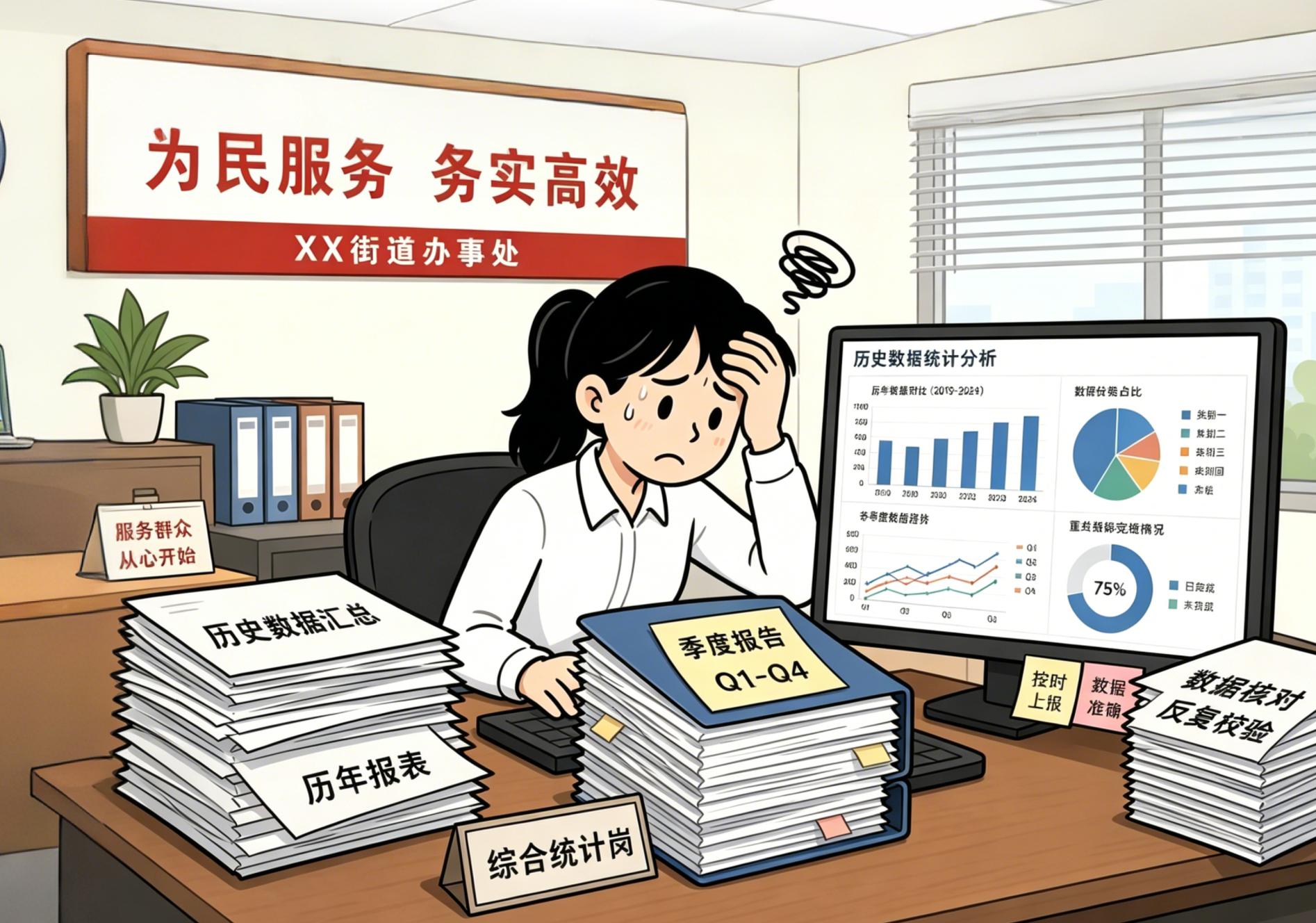 漫画风格：街道工作人员面对数据统计图表与厚厚台账，手工汇总汇报压力大