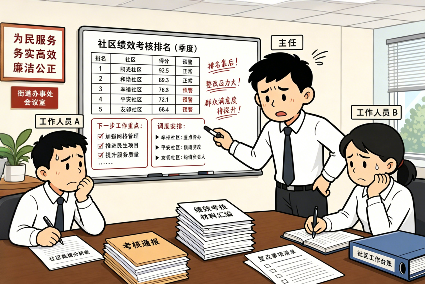 漫画风格：街道科室研判考核排名与调度指令，白板写满后进社区与风险预警