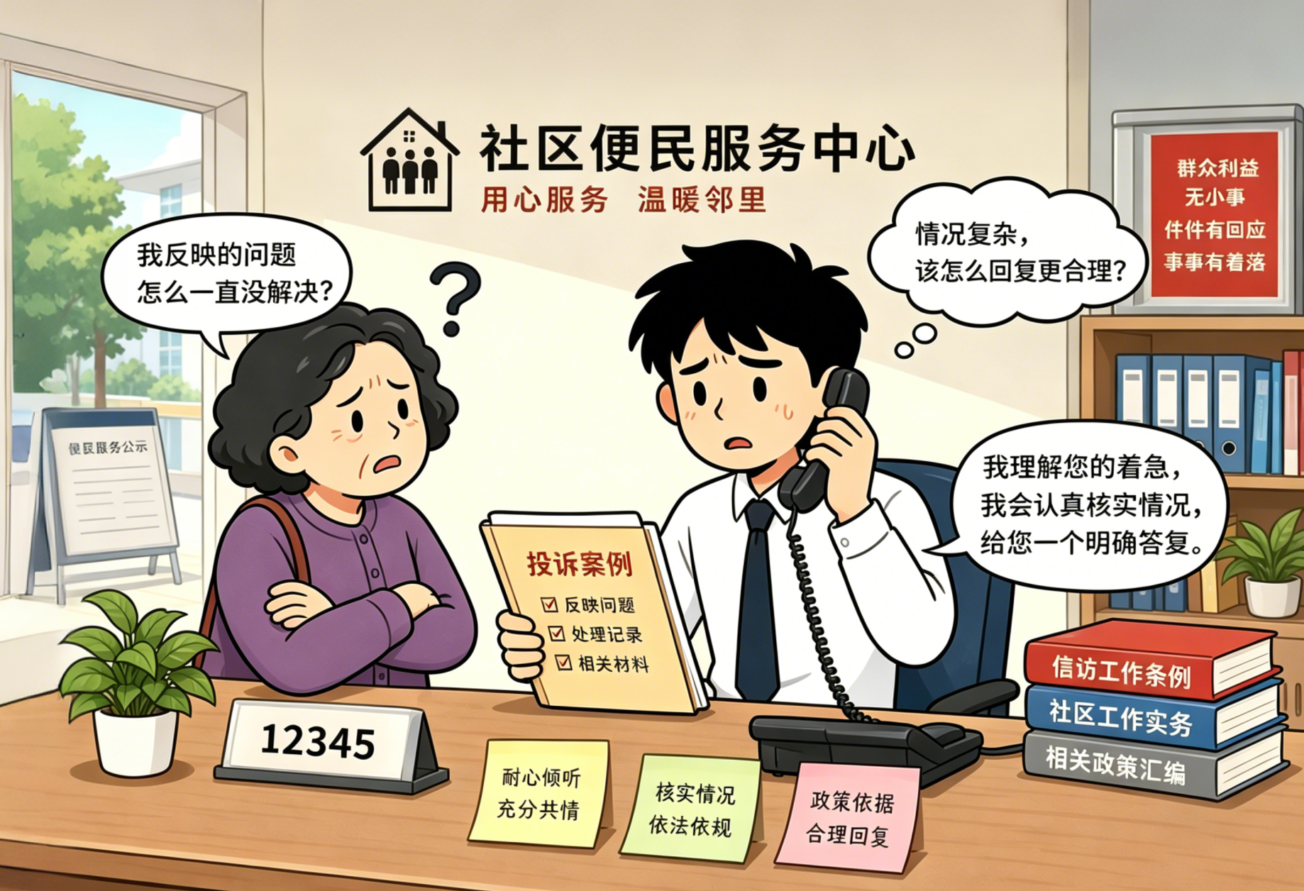 漫画风格：街道社工接听居民诉求电话，翻阅办件材料寻找回复思路