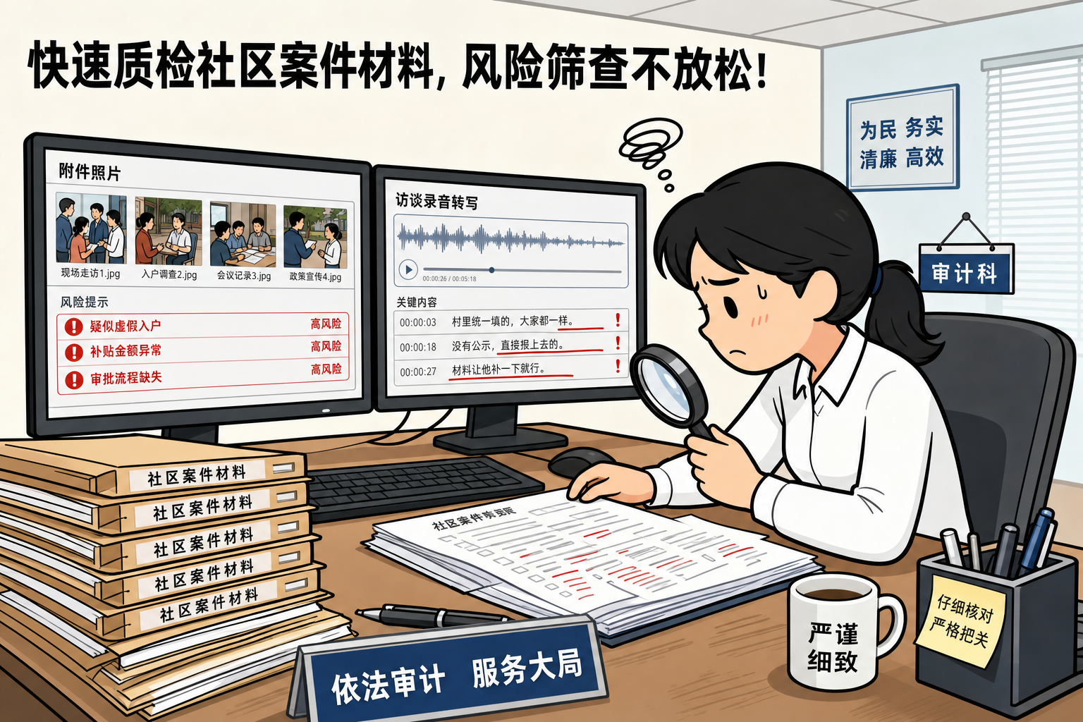 漫画风格：街道审核人员逐条审查社区上报的附件照片与录音材料，筛查风险